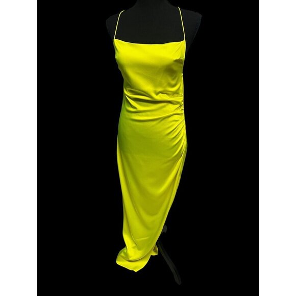 SER.O.YA CELINO SILK DRESS, SQUARE NECK THIN STRAPS NEON LIME SUMMER RESORT SM - Picture 2 of 7